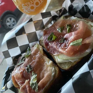 Lemon whipped ricotta, prosciutto, pear, hot honey &amp; Basil