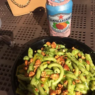 Pesto (kale, winter squash, almonds, pecorino) and a prickly pear Pellegrino