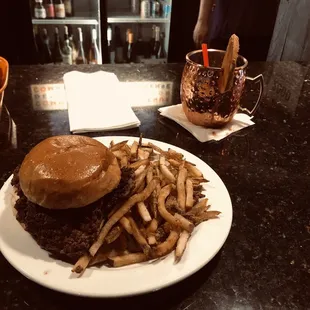Burger (Burger, Burger), Duck Fat Fries, specialty mule drink