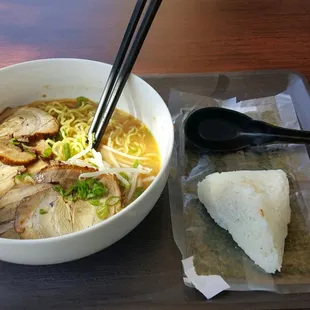 Pork ramen and sausage rice ball