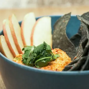 PIMENTO CHEESE DIP - chilled pimento cheese, cilantro, sliced apples, 
house corn tortilla chips