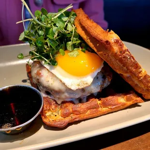 Waffle burger: comes with egg and syrup