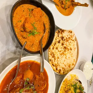 Chicken Tikka Masala, Chicken Vindaloo, Lamb Shank, Lamb Biryani, Goat Cheese Naan