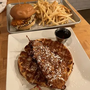 Waffle n chicken (do not recommend) and buffalo chicken sandwich with fries