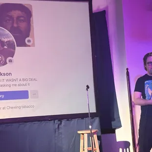 Comedian Alex Leeds doing mixed media comedy