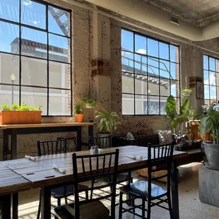 a table and chairs in an industrial setting