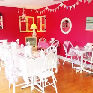 a bright red dining room