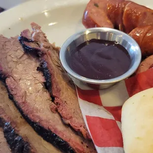 205 Plate. Brisket and spicy sausage. Okra and green beans.