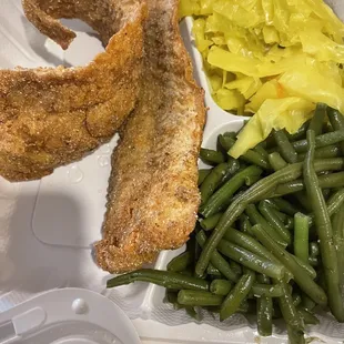 Fried Whiting, green beans, cabbage