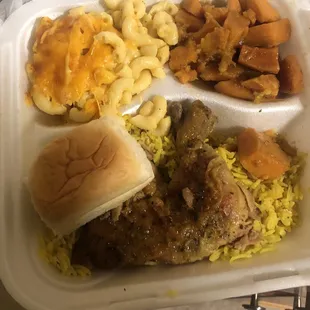 a meal in a styrofoam container