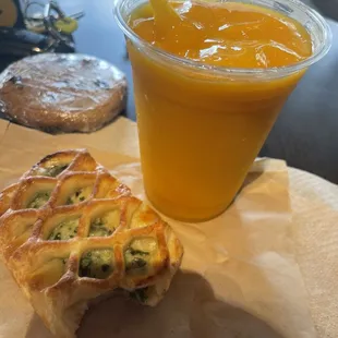 Mango shake,  spinach cheese pastry with a chocolate chip cookie