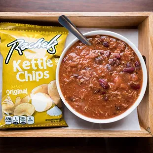 House-made chili with a side of kettle chips