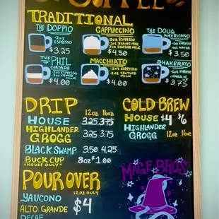 Coffee menu