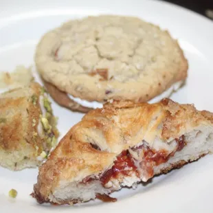 Clcokwise:  Coconut Oat Pecan Cream Pie, Guava Cream Cheese Croissant, Cardamom Pistachio Muffin?