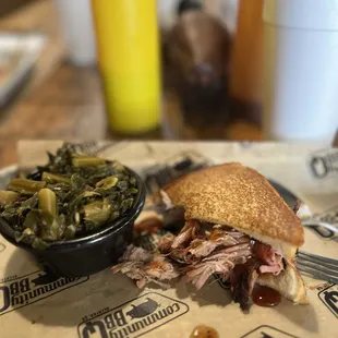 Collards and Pulled Pork Sandwich