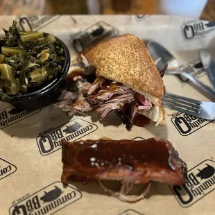 Collards, Pulled Pork Sandwich, Rib Combo