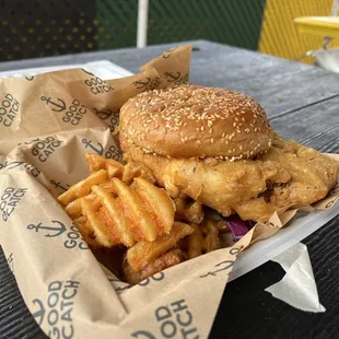 BEER BATTERED CAULI CHIKN SANDWICH  WAFFLE FRIES
