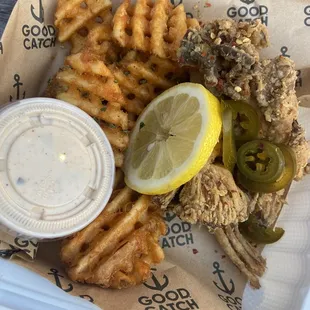 WAFFLE FRIES and oyster mushrooms
