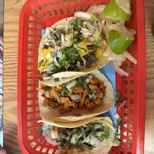 Bottom Asada Taco middle Pollo Taco and top Campechano Taco