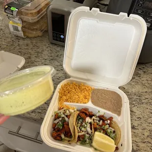 3 tacos combo, Al Pastor with beans and rice