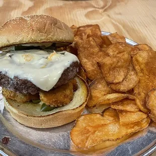 Texas burger with homemade chips