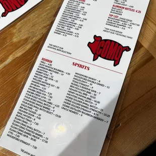 Beer and spirits menu