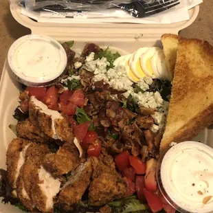 Cobb salad with chicken, bacon and blue cheese. Delish!