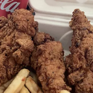 fried chicken and french fries in a styrofoam container