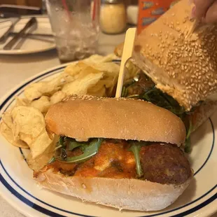 Meatball sub with a side of chips