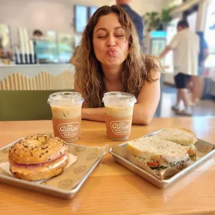 Best Coast Bagel and iced Salter Maple Latte (left) Junior Jimmy Sandwich and iced Honey Cinnamon Latte (right)  My Honey Muffin (middle)