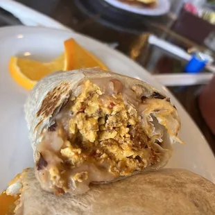 Chorizo, bean and egg breakfast burrito