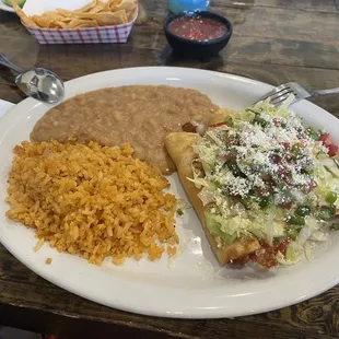 Shredded chicken flautas w/ rice &amp; beans.