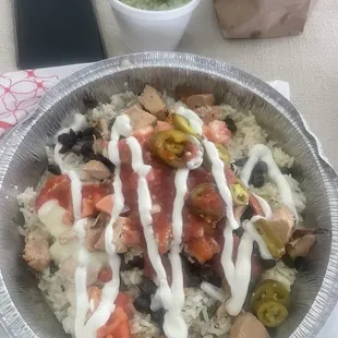 Chicken Burrito Bowl, Guacamole and Chips