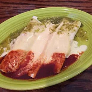 Enchiladas with three yummy sauces.