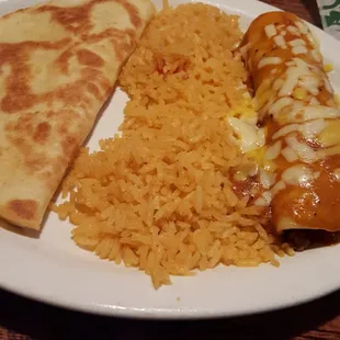 This is one of combinations. Enchilada  and cheese quesedia and of course rice