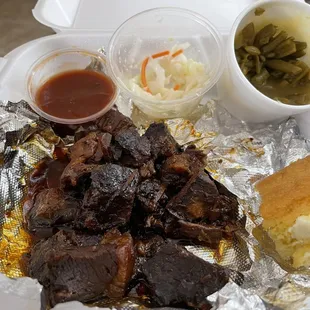 Burnt Ends, coleslaw, green beans, and cornbread from Company 7 BBQ in Edgemont, OH.