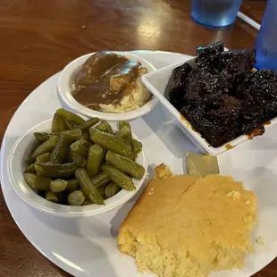 Brisket Burnt Ends Green Beans Garlic Redskin Mashed Potatoes Corn Bread