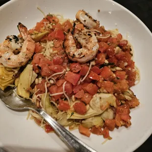 Capellini Amore (there is pasta under all of those tomatoes) I added shrimp. Way too many tomatoes