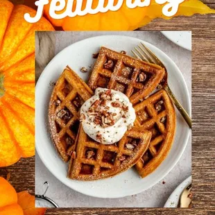 a plate of waffles and pumpkins