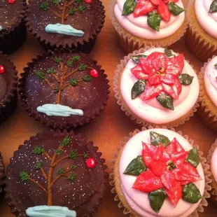 (snagged from her FB page) Classic creme filled chocolate and raspberry vanilla bean cupcakes decorated for Christmas.