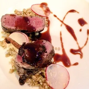 Second course by Heirloom Restaurant - Roasted lamb, radish, farro verde, foie gras vinaigrette, offal jus
