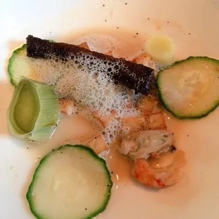 1st course by Heirloom Restaurant - poached NC oyster, crawfish, cucumber, leek, and smoked bacon.