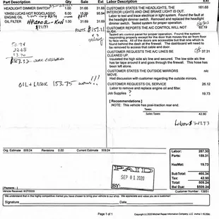 Invoice for my classic car at complete auto.