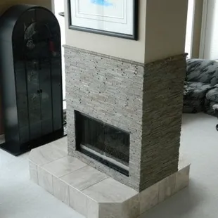 Stacked stone fireplace