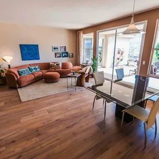 a living room and dining area