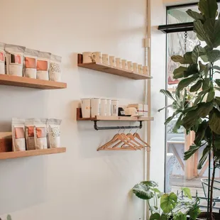 a display of various items on shelves