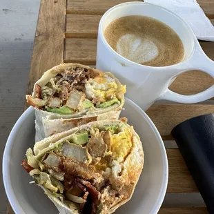 Breakfast burrito and oat milk latte. Yummmmm
