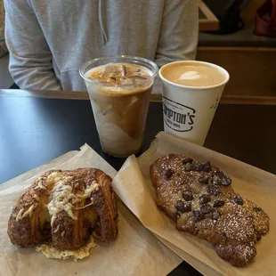 bacon swiss croissant, chocolate hazelnut croissant, vanilla latte, latte