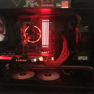 Ryzen 9 3900X, Power Color Liquid Devil RX5700XT, C240 ThermalTake hard piped liquid cooling, 64 GB of DDR6 3600 Corsair Vengeance Pro Ram!