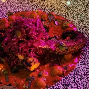 Octopus over curried Chickpeas